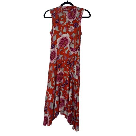 Maeve Anthropologie Cleary Orange Floral Stretch Asymmetrical Dress XS Stretch - Picture 2 of 9